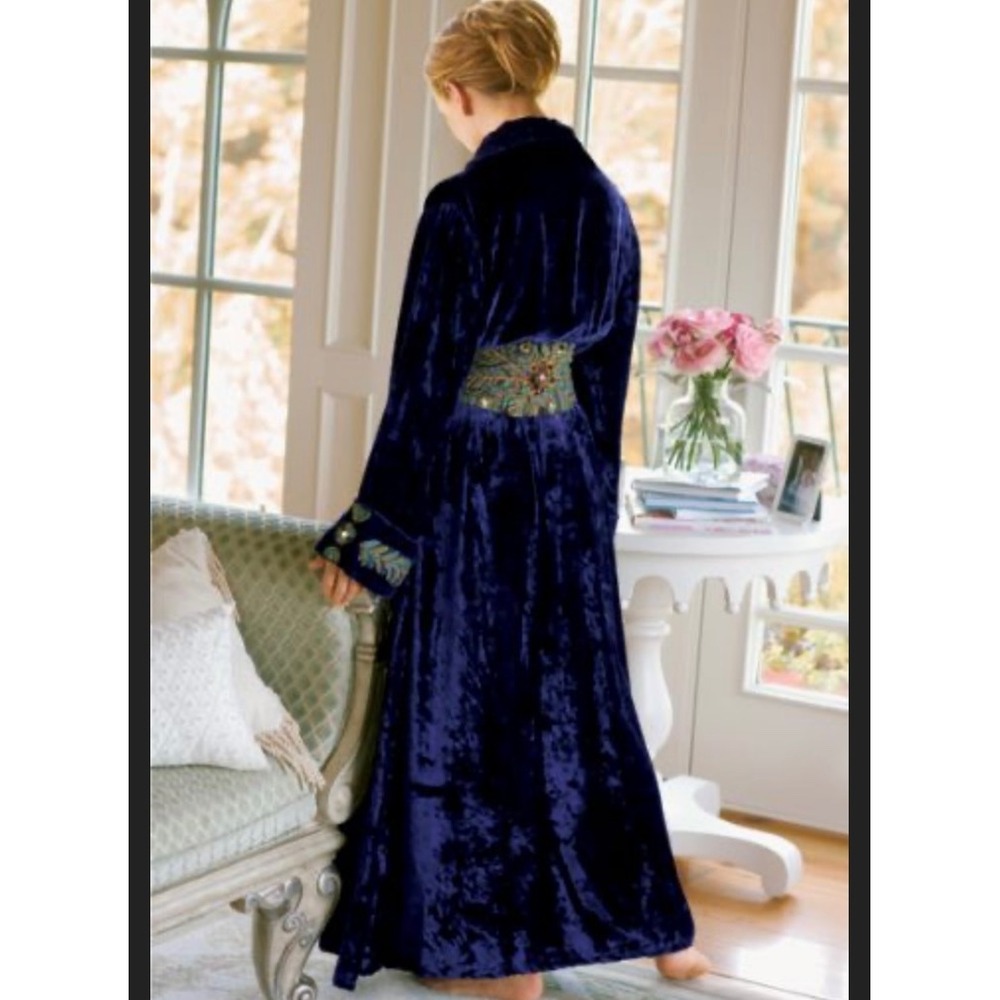 Soft Surroundings Purple Velvet Peacock Embroidered Robe Duster Long Small